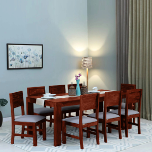 Segur Sheesham Wood 8 Seater Dining Set In Honey Oak Finish with Grey Cushion