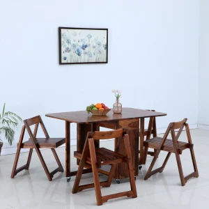 Carion Sheesham Wood 4 Seater Foldable Dining Set In Scratch Resistant Honey Oak Finish